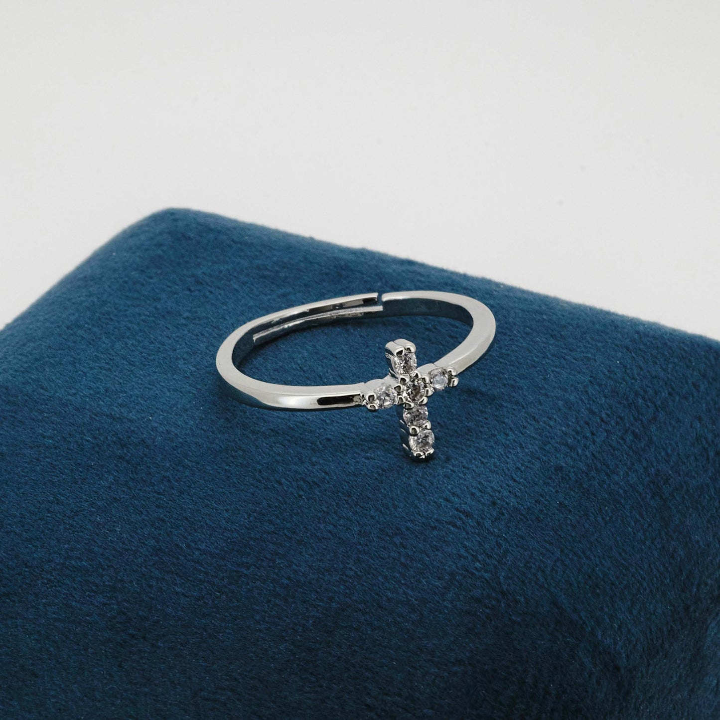Warm Fortune Adjustable Open Band Cross Ring for Women, 18K Gold Plated CZ Stone Stackable Promise Religious Jewelry Gift