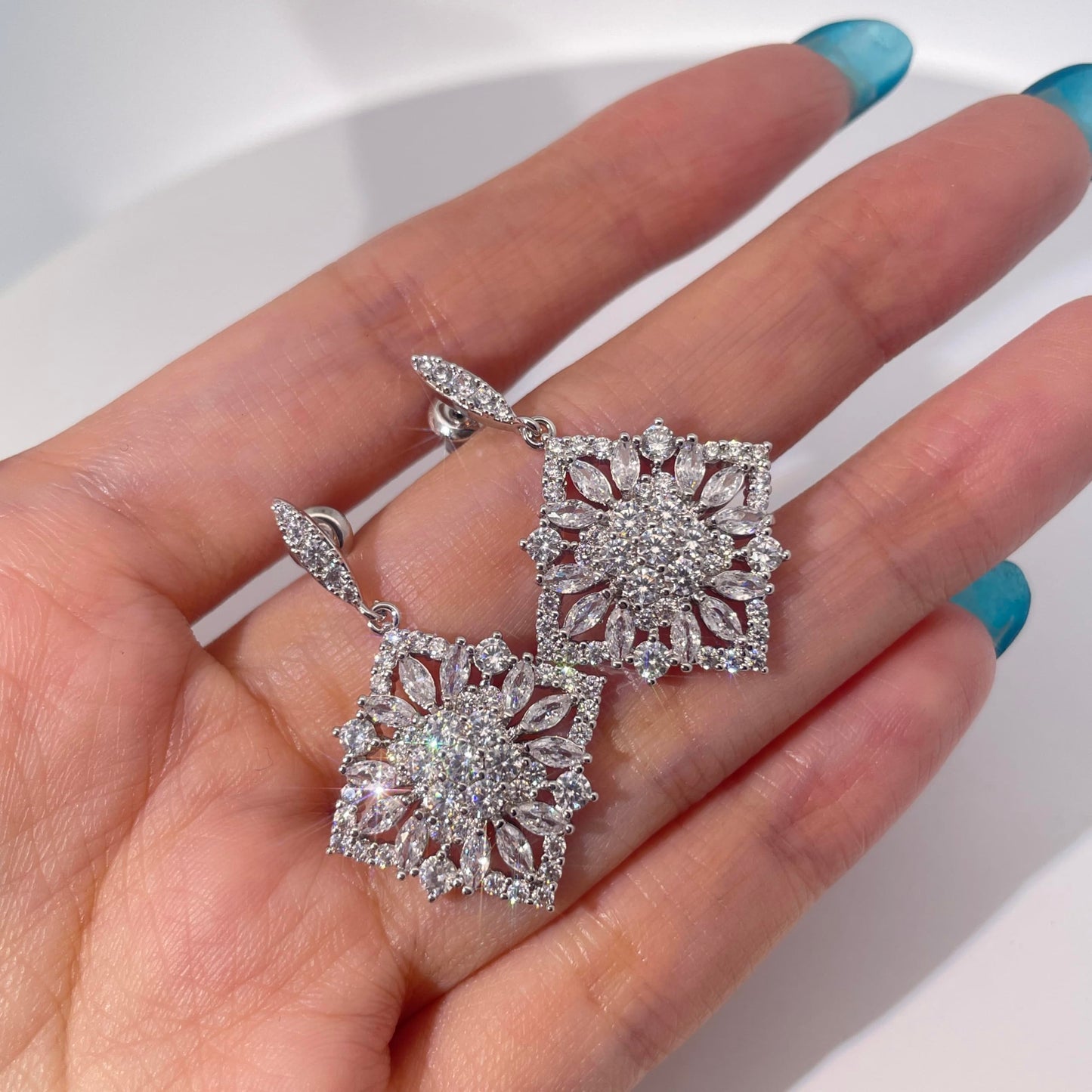 Warm Fortune 18K Gold Plated Square & Flower Shape Cubic Zirconia Drop Earrings for Women Hypoallergenic - Valentine's Day, Mother's Day, Birthday Gift for Her