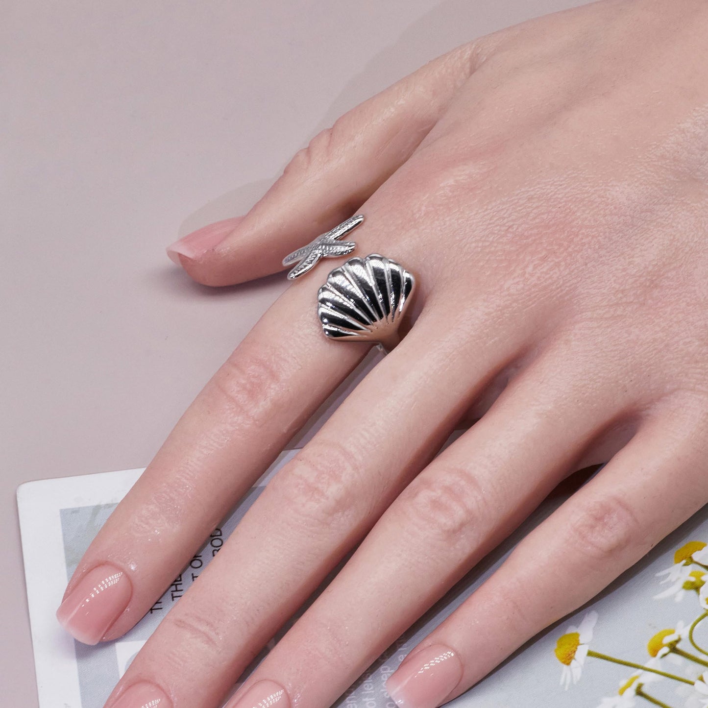 Warm Fortune 18K Gold Plated Starfish & Shell Open Ring, Adjustable Ocean Themed Statement Ring for Women