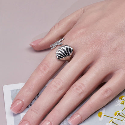 Warm Fortune 18K Gold Plated Starfish & Shell Open Ring, Adjustable Ocean Themed Statement Ring for Women
