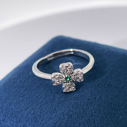 Warm Fortune Four-Leaf Clover Promise Ring for Her - 18K Gold Plated Cubic Zirconia, Stackable Gift Valentine's Day, Fashion & Daily Elegant Wear,Adjustable
