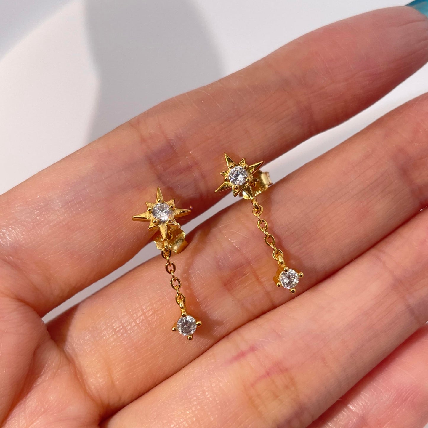 Warm Fortune 18K Gold Plated Star & Round Shape Cubic Zirconia Drop Earrings for Women Hypoallergenic - Valentine's Day, Mother's Day, Birthday Gift for Her