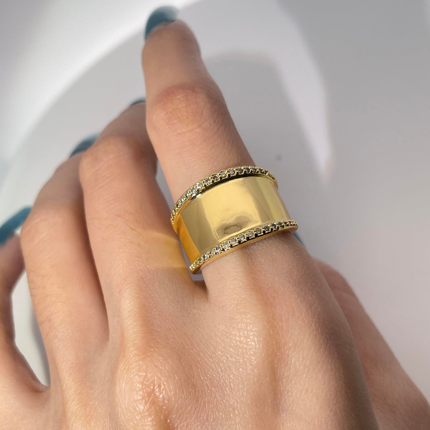 Warm Fortune Gold Plated Cubic Zirconia Band Ring, Hip Hop Street Style For Man or Women Fashion Jewelry