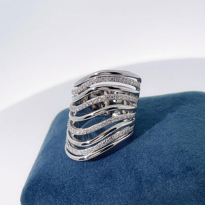 Warm Fortune Multi Row Wavy CZ Statement Ring for Women, 18K Gold Plated Layered Band, Trendy Wide Stackable Cocktail Jewelry，Size 6-8