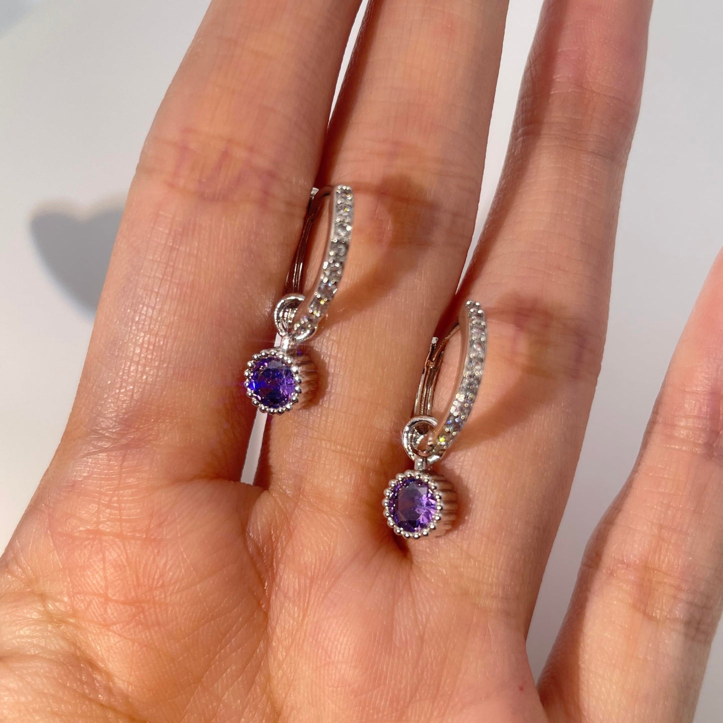 Warm Fortune 18K Gold Plated Hoop & Round Amethyst Shape Cubic Zirconia Drop Earrings for Women Hypoallergenic - Valentine's Day, Mother's Day, Birthday Gift for Her