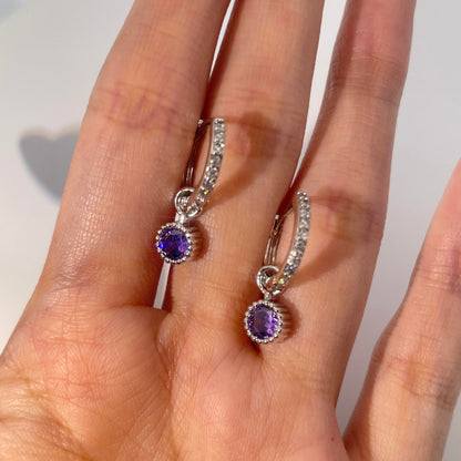 Warm Fortune 18K Gold Plated Hoop & Round Amethyst Shape Cubic Zirconia Drop Earrings for Women Hypoallergenic - Valentine's Day, Mother's Day, Birthday Gift for Her