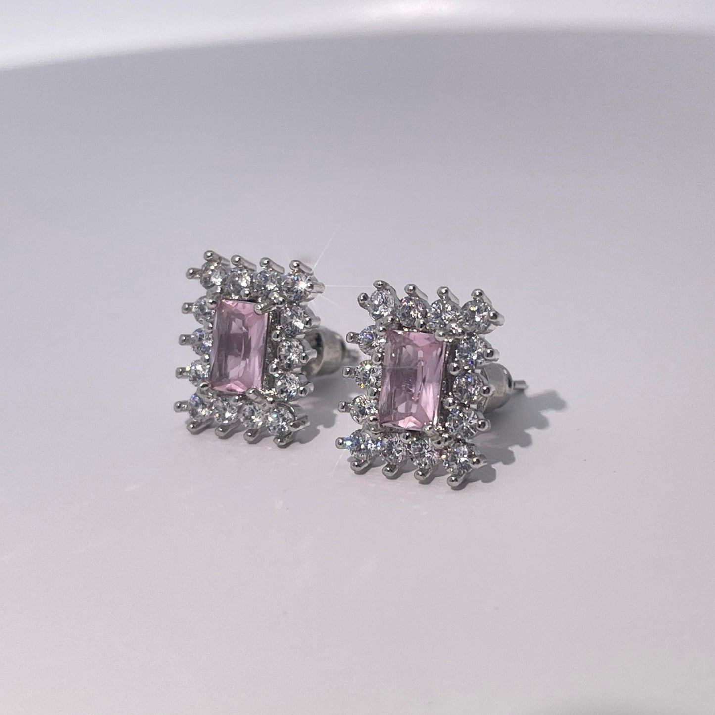 Warm Fortune Rectangle Gemstone Halo Stud Earrings for Women, 2 Colors (Pink/Deep Purple) with Cubic Zirconia Accents, Silver Tone Fashion Jewelry for Elegant Daily & Event Wear