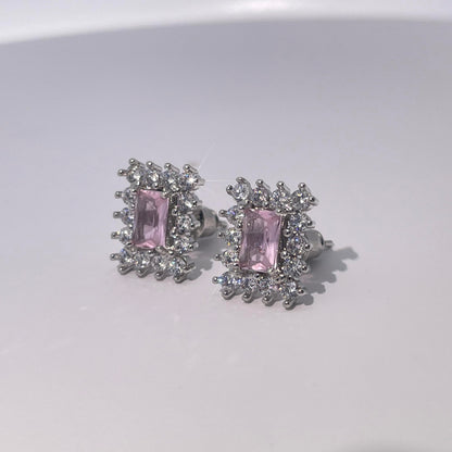 Warm Fortune Rectangle Gemstone Halo Stud Earrings for Women, 2 Colors (Pink/Deep Purple) with Cubic Zirconia Accents, Silver Tone Fashion Jewelry for Elegant Daily & Event Wear