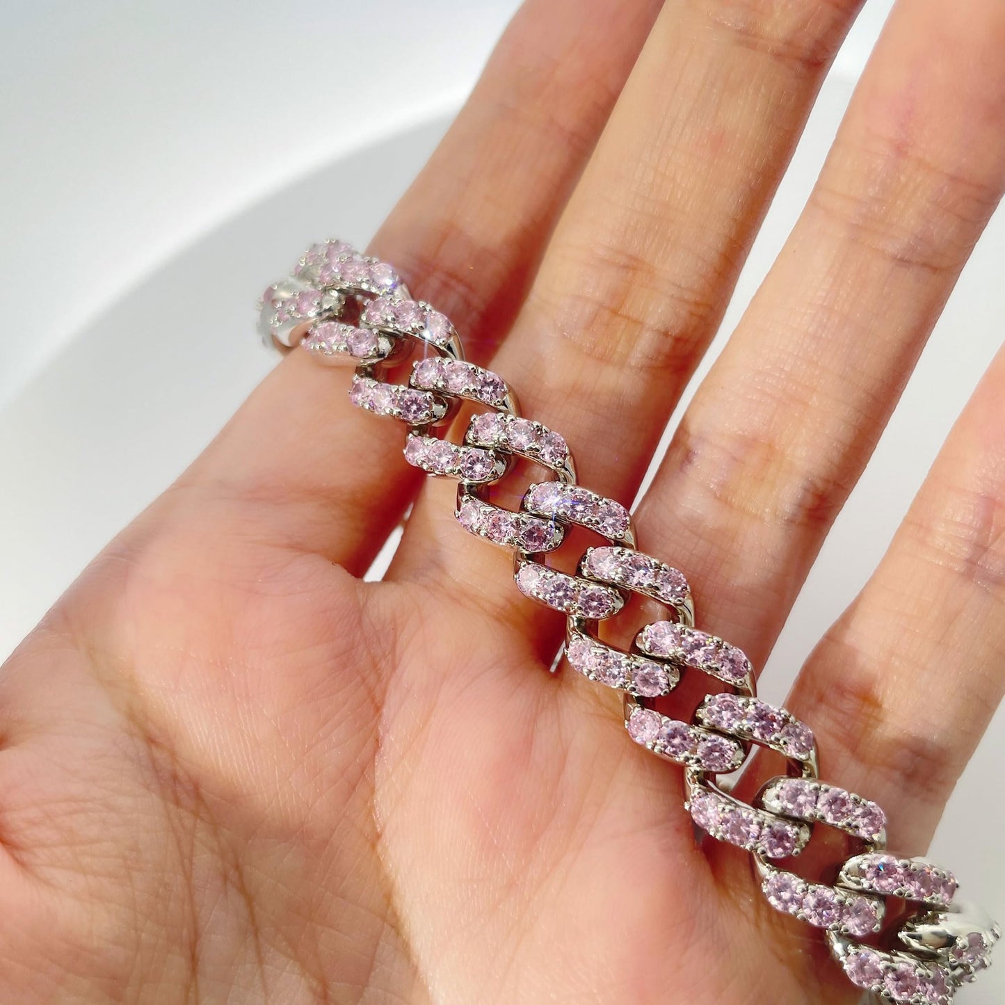 Warm Fortune Cuban Link Bracelet for Women, White Gold Plated, Pink CZ, 9 Inch, Pave Curb Chain Design