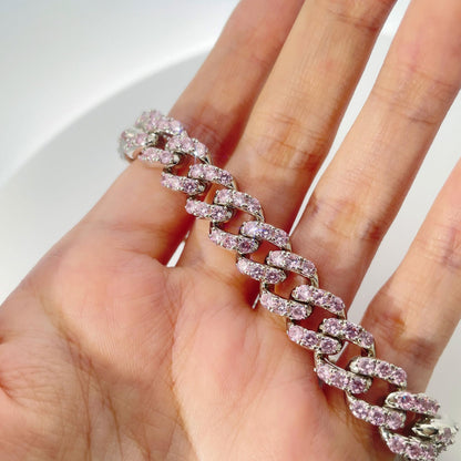 Warm Fortune Cuban Link Bracelet for Women, White Gold Plated, Pink CZ, 9 Inch, Pave Curb Chain Design
