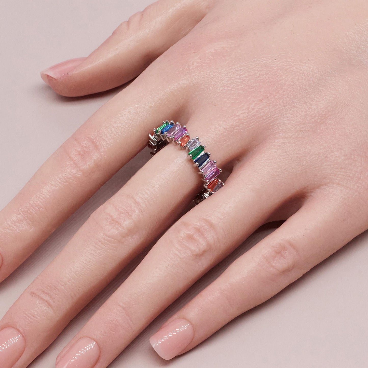 Warm Fortune Multi Color Baguette Cut CZ Open Ring for Women,18K Gold Plated Adjustable Stackable Casual Jewelry