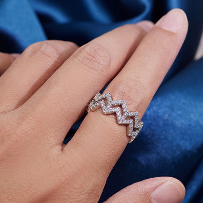 Warm Fortune Double Layer Wave Cubic Zirconia Ring for Women, 18K Gold Plated All-around Paved Band, Size 6-8
