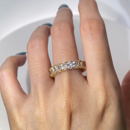 Warm Fortune 925 Sterling Silver Eternity Wedding Band for Women,18K Gold Plated Oval Cut All-Around Cubic Zirconia, Anniversary & Promise Ring, Stackable Band, Size 5-9