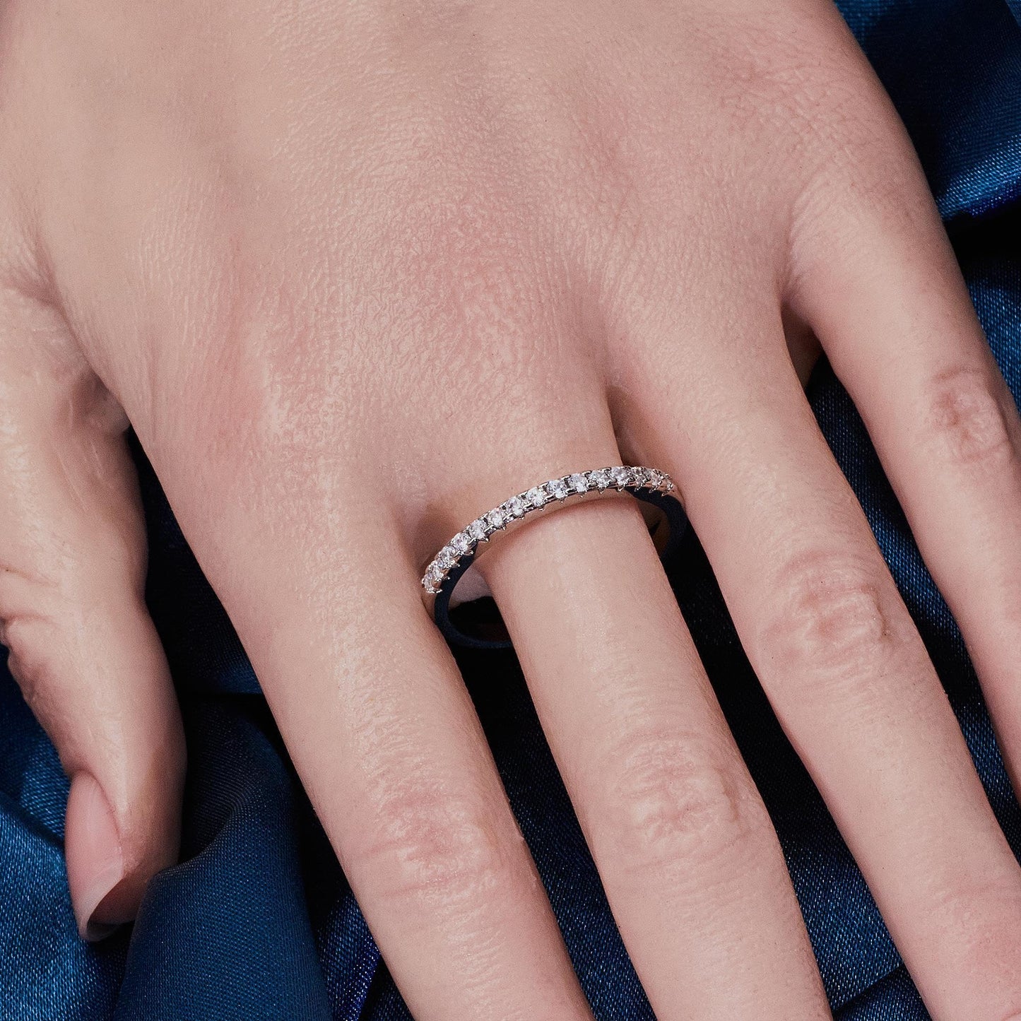 Warm Fortune Half Eternity Stackable Ring, Adjustable 18K Gold Plated CZ Wedding Band for Women